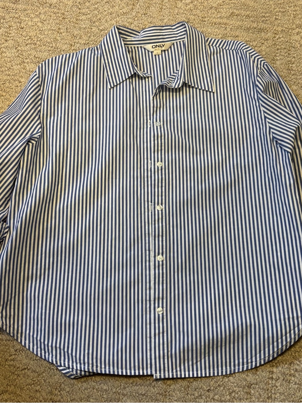 ONLY Women’s  Navy and White Vertical Stripe Button-Down Shirt